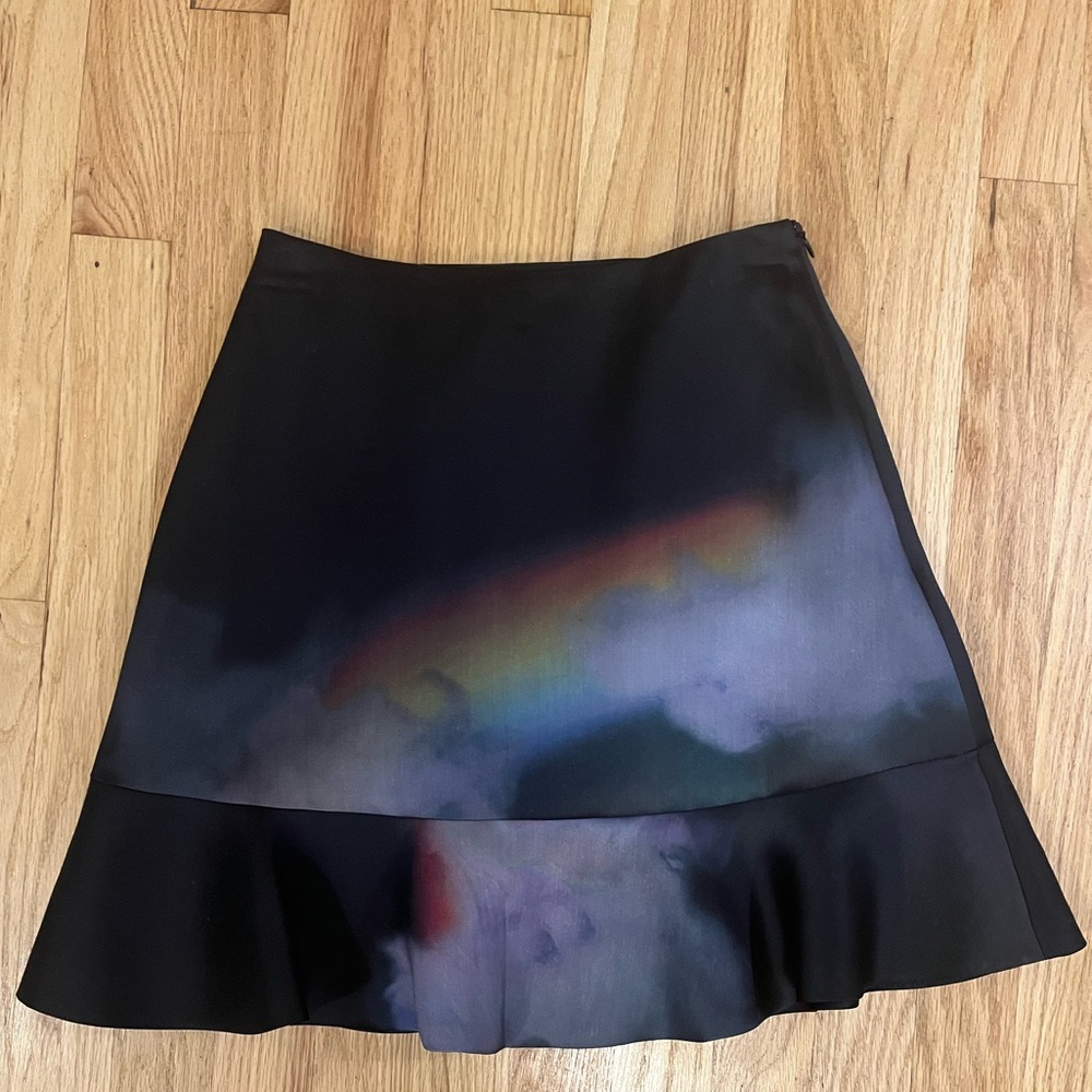 Cynthia Rowley Silk-Wool Black Skirt with Rainbow Print Size 0